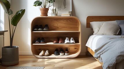 Stylish and minimalist shoe rack made of natural wood for a cozy bedroom