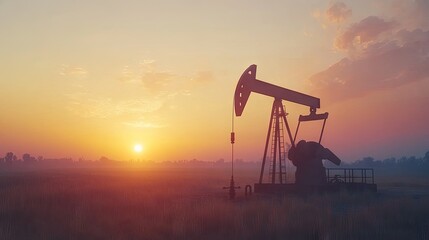 Naklejka premium A silhouette of an oil pump jack at sunset, creating a tranquil yet industrial scene in the open fields.