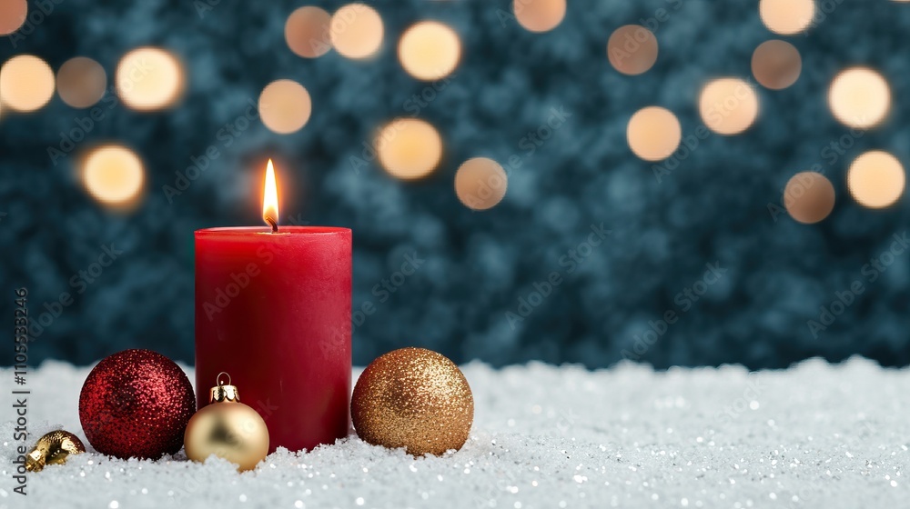 Poster a festive red candle surrounded by decorative ornaments on a snowy surface, with soft bokeh lights c