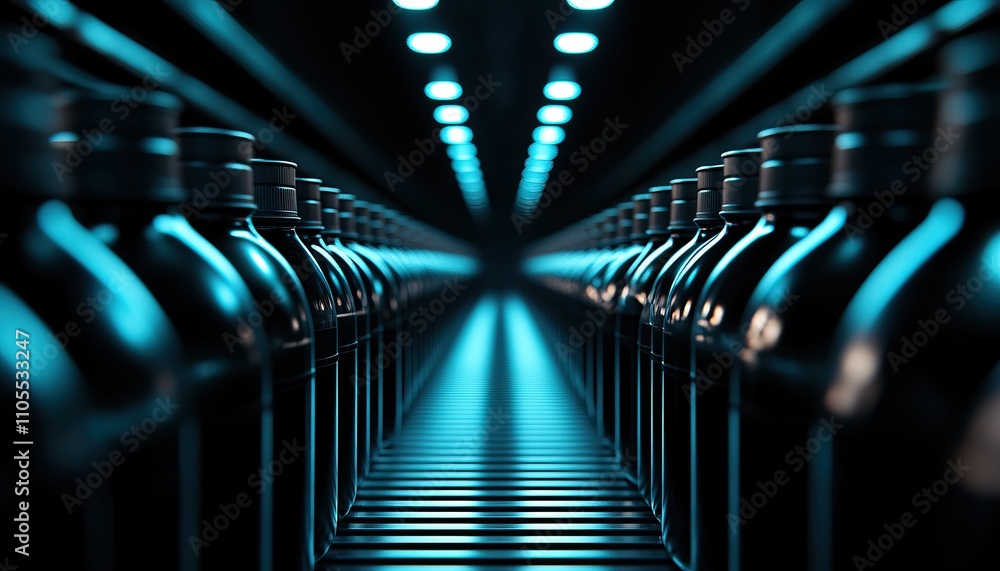 Poster a series of metallic bottles aligned in a futuristic corridor illuminated by blue lights, creating a