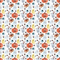 Watercolor seamless pattern with various Halloween theme elements
