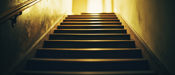 Ascending Wooden Staircase Leading to Light, Interior Architecture Photography