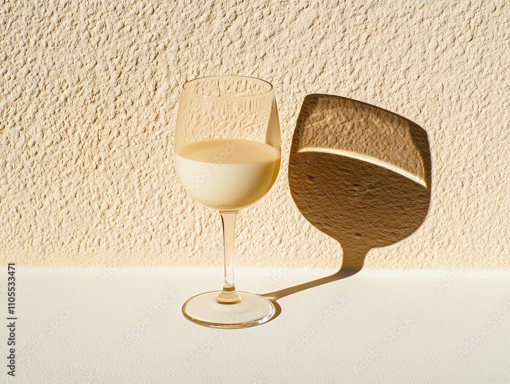 Poster a minimalistic image of a glass filled with a light-colored beverage, casting a soft shadow on a tex