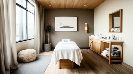 Fototapeta premium Modern spa treatment room with massage table, wooden furnishings, large window, and minimalist decor creating a serene atmosphere.