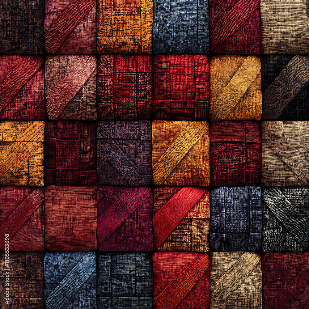 Poster vibrant collection of textured fabric squares in warm colors, showcasing various patterns and hues. 