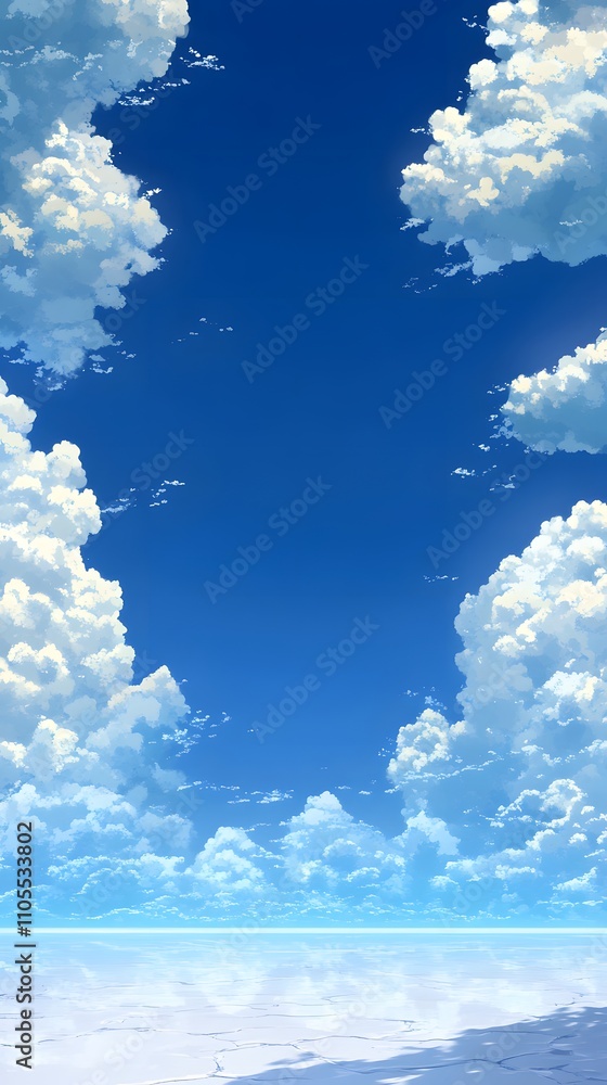 Poster 17. a clear blue sky with scattered clouds and an empty horizon line in the center for text