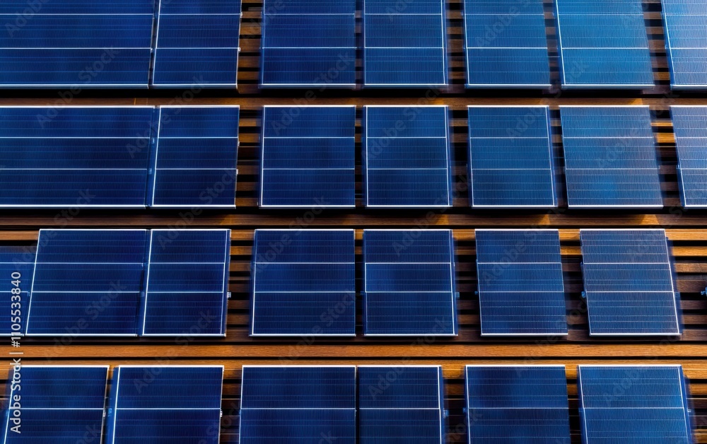 Poster a close-up view of solar panels arranged in rows, showcasing their blue surfaces and structured layo