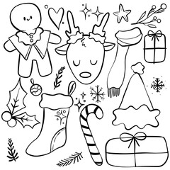 Set of isolated Christmas decoration elements in doodle hand drawn style Volume2 on a transparent background	