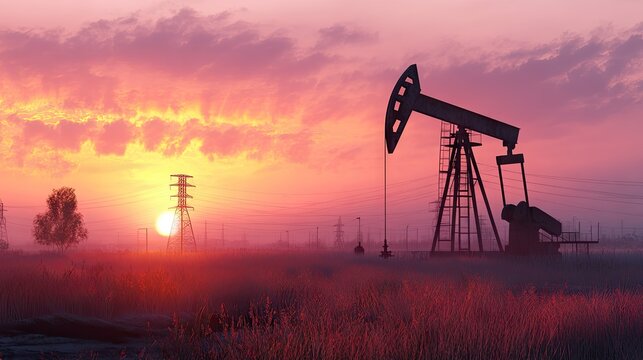 A silhouette of an oil pumpjack against a vibrant sunset, highlighting a rich landscape. - Powered by Adobe