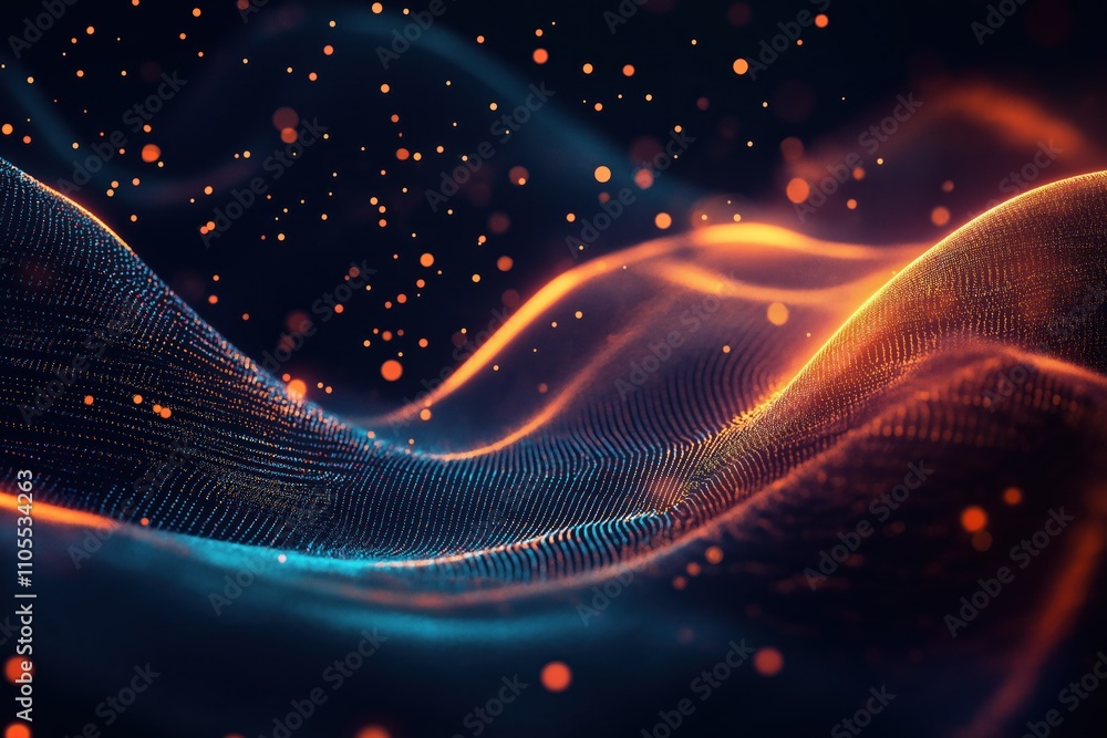 Poster abstract tech background. digital wave particles form glowing patterns. futuristic, dynamic design. 