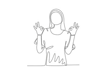 Single continuous line drawing of A very cheerful woman with okay hand poses. Dynamic single line draw design graphic vector illustration.
