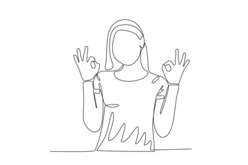 Single continuous line drawing of Cheerful woman in metal pose. Dynamic single line draw design graphic vector illustration.
