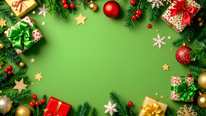 Top view of beautifully wrapped Christmas presents with green bows and festive decorations on a green background with copyspace.