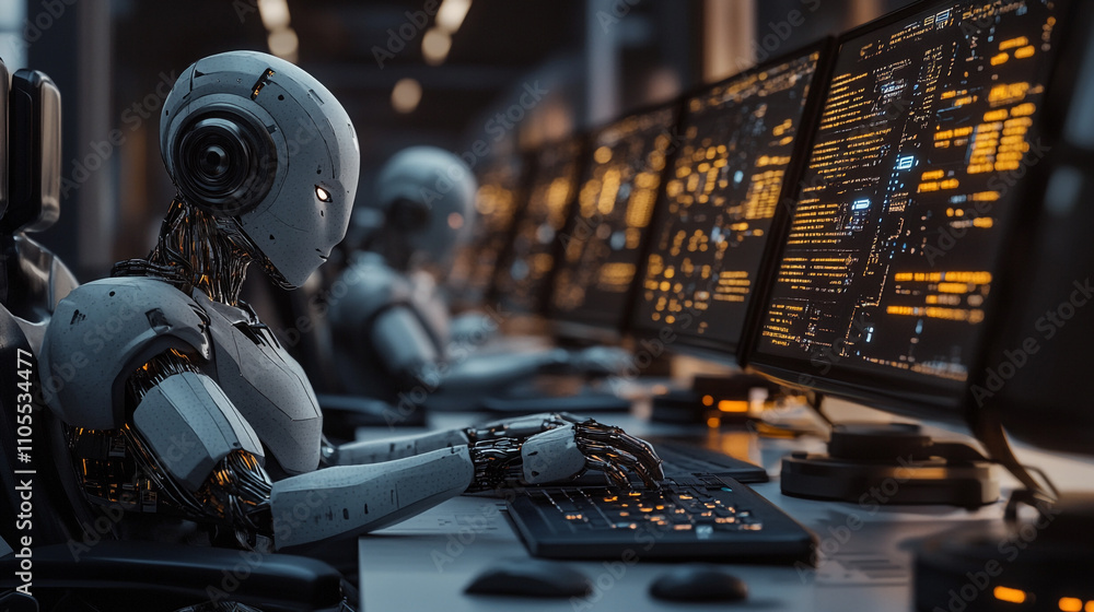 Poster advanced robot working at a control station during a futuristic monitoring operation
