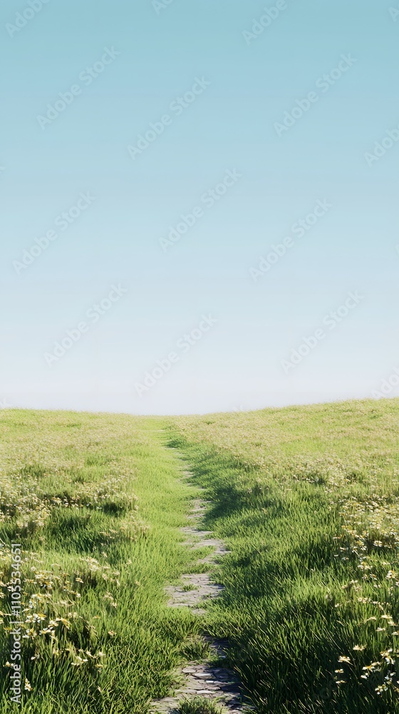 Poster 18. a serene landscape with a path through a grassy field, leading to an open space for text