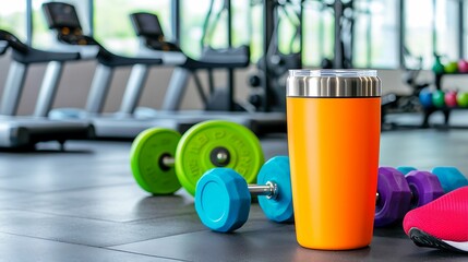Tumbler stainless steel. A vibrant orange tumbler stands beside colorful dumbbells in a modern gym setting, showcasing fitness equipment and an active lifestyle.