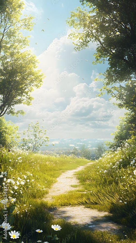 Poster 18. a serene landscape with a path through a grassy field, leading to an open space for text