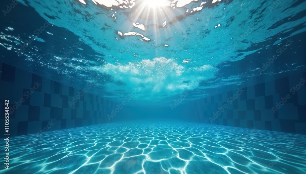 Aufkleber Clear turquoise swimming pool water. Sunlight shines through surface creating beautiful light patterns on bottom. Checkered wall tiles visible. Vacation relaxing concept for pool advertisements.