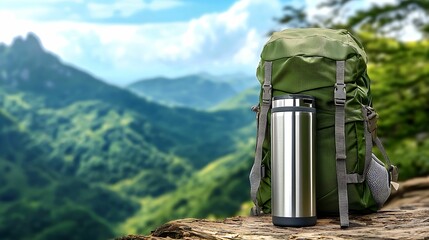 Tumbler stainless steel. A green backpack with a metal thermos stands on a rock, surrounded by a lush mountainous landscape under a bright blue sky.