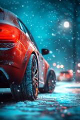 Auto auf winterlicher verschneiter Stra&szlig;e
