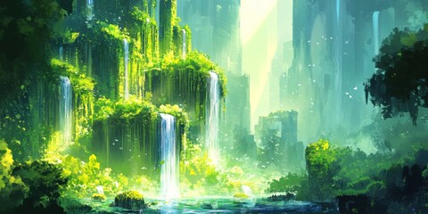 Lush Green Futuristic City Waterfall Paradise Fantasy Art