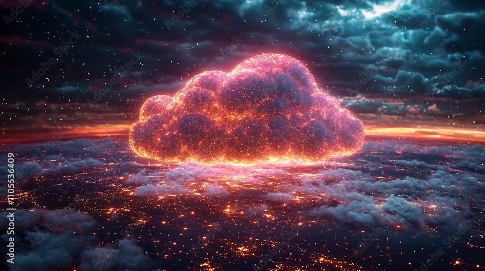 Poster vibrant digital cloud network encircling planet symbolizing global cloud computing concept