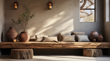 This boho living room features a rustic wooden bench crafted from a slab on tree stumps. Natural and warm, with stucco walls.