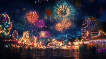 vibrant display of New Year fireworks illuminates lively carnival at night, with colorful rides and joyful crowds celebrating under dazzling sky