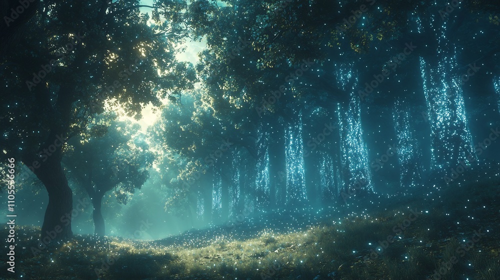 Poster enchanting digital forest enveloping ethereal cloud data streams