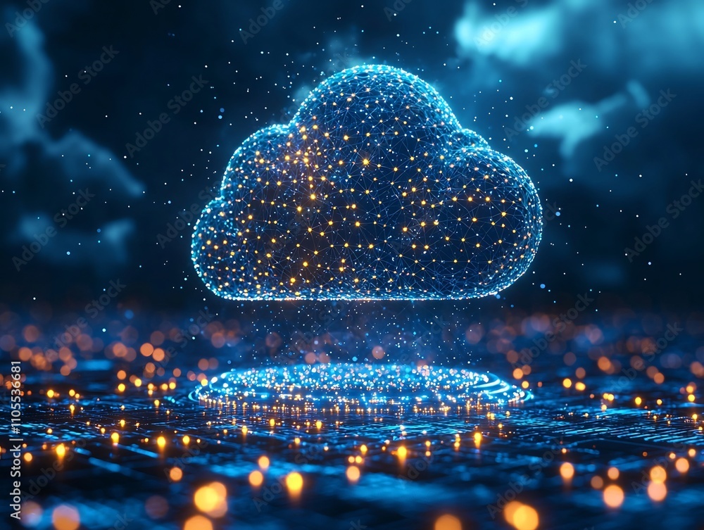 Poster futuristic ai driven cloud infrastructure with floating platforms and data visualizations