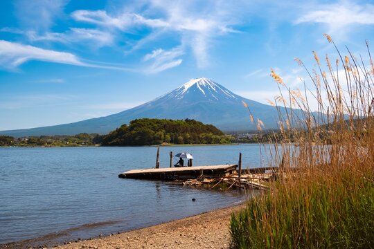 Mt. Fuji on a Sunny Day from lake Kawaguchi, Japan