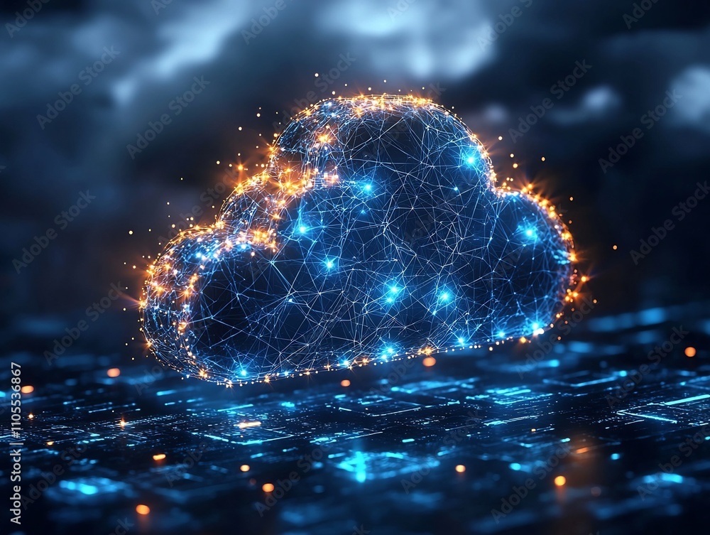 Poster futuristic ai driven cloud computing infrastructure with glowing nodes and platforms in cyberspace