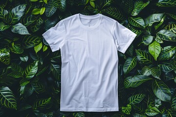 A plain white t-shirt is neatly placed on a bed of vibrant green leaves, creating a calm and natural aesthetic. The contrast between the shirt and foliage highlights simplicity and nature