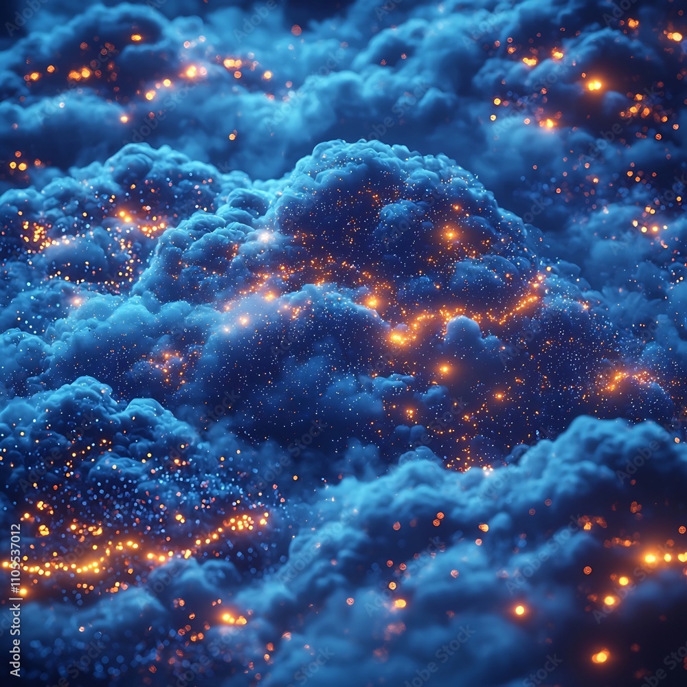 Poster cosmic cloud computing glowing galaxy of interconnected data servers and constellations of code