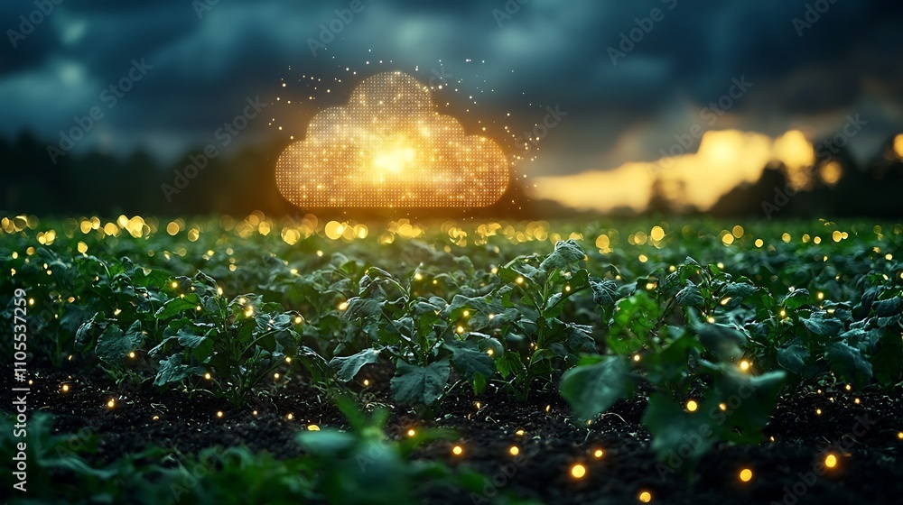 Poster futuristic smart farm powered by cloud based data networks illuminating lush crops and fields