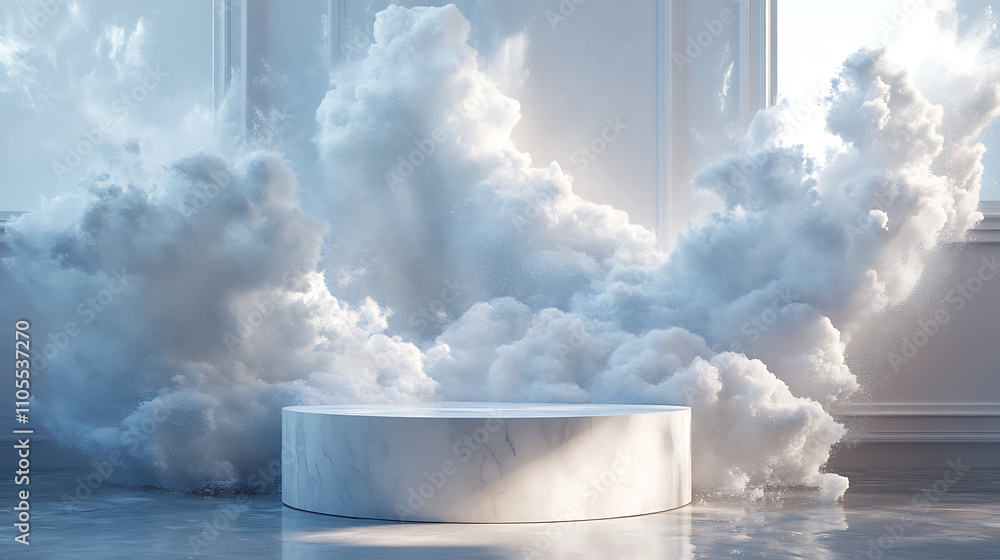 Poster swirling clouds of mist surround circular marble platform in bright room, creating serene and ethere
