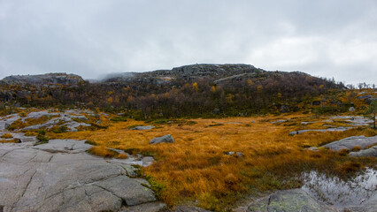 Rocky Landscape with Autumn Foliage and Cloudy Sky