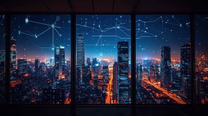 Smart city g connectivity diagram with neon lights and skyscrapers