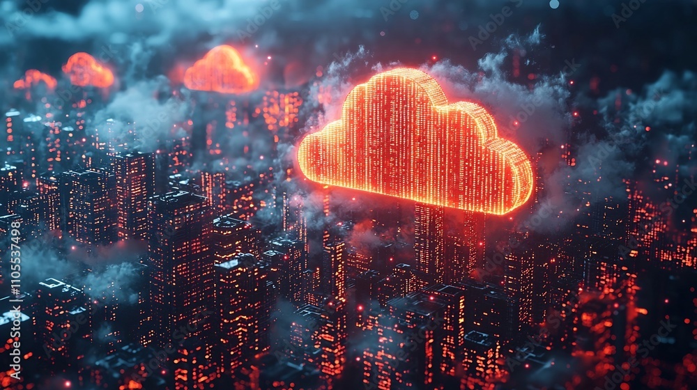 Aufkleber metropolis with neon lit skyscrapers and data clouds floating above