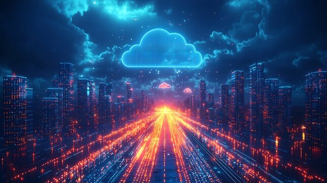Cityscape with Floating Data Clouds and Neon Lit Skyscrapers