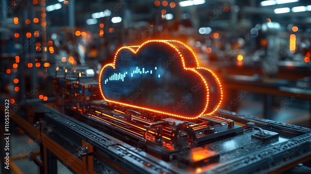 Poster futuristic industrial factory controlled by cloud computing and holographic interfaces