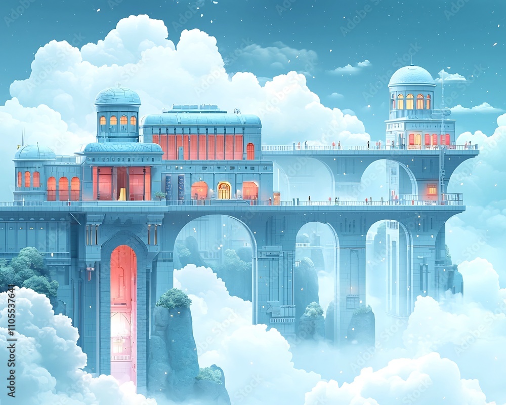 Poster the evolution of cloud computing futuristic floating data hubs across the ethereal skyscape