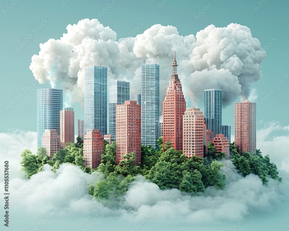 Poster futuristic metropolis skyline with cloud data centers reflecting the evolution of cloud computing
