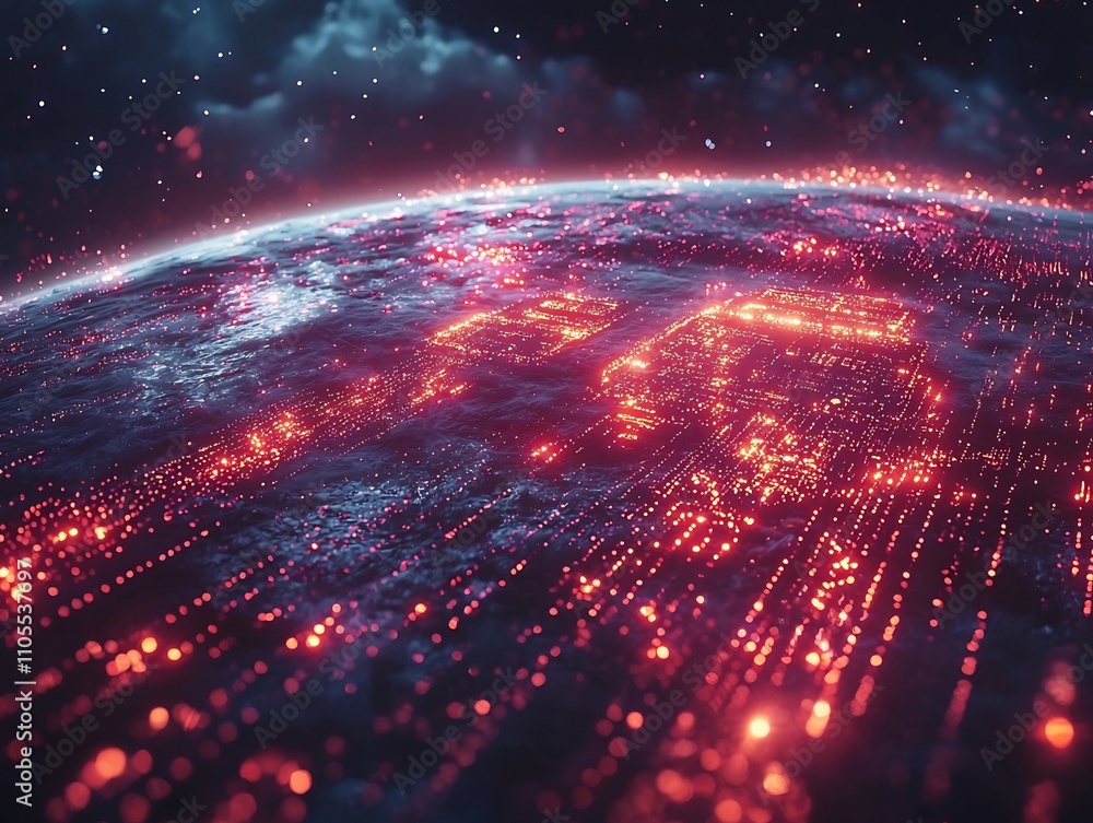 Poster glowing cloud computing infrastructure floating in interstellar space showcasing global connectivity