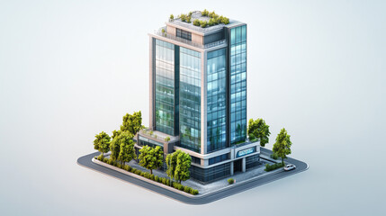 Modern glass building with green rooftop in an urban setting