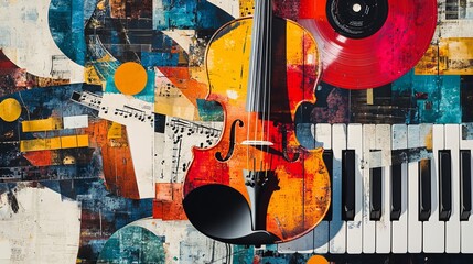 Poster showcasing a contemporary art collage. The abstract artwork features a violin, colorful piano keys, and a vinyl record, symbolizing the fusion of classical and modern music