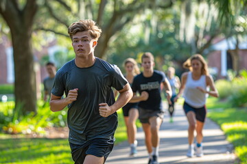 Fototapeta premium A group of young runners trains on a scenic path during a sunny day. They display focus and determination while enjoying the outdoors and staying active together in a park setting
