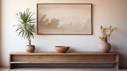 Rustic wooden cabinet and a blank mockup frame against a white wall create a boho-inspired modern living room. A chic, relaxed design.