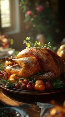 Rustic thanksgiving dinner with turkey and autumn vegetables