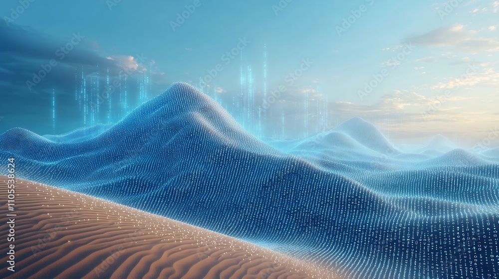 Poster ethereal data clouds casting binary shadows across vast desert landscape